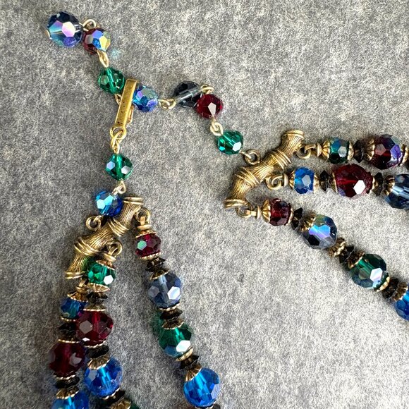 1960s triple strand jewel tone beaded necklace with matching clip on earrings - Picture 2 of 9